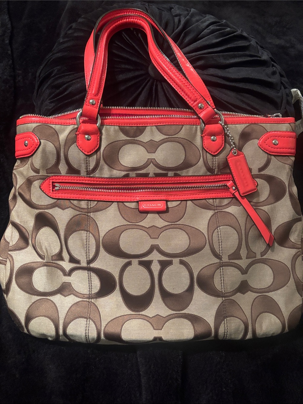 Coach Brown Signature Canvas Tote with Red Trim
